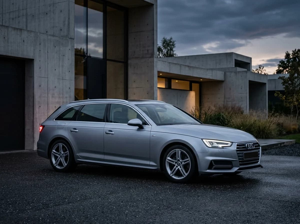 Silberner Audi A4 Avant vor moderner Architektur