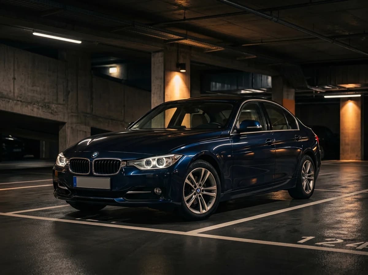 Dunkelblauer BMW 3er in einer Tiefgarage
